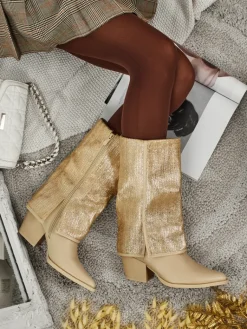 New Botki damskie eko skórzane na słupku z ozdobną cholewką Virelia Botki Z Delikatnym Ociepleniem|Botki Na Słupku