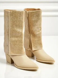 New Botki damskie eko skórzane na słupku z ozdobną cholewką Virelia Botki Z Delikatnym Ociepleniem|Botki Na Słupku