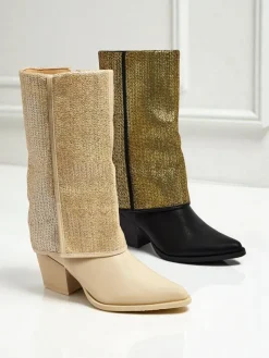 New Botki damskie eko skórzane na słupku z ozdobną cholewką Virelia Botki Z Delikatnym Ociepleniem|Botki Na Słupku