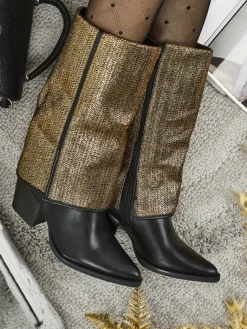 Clearance Botki damskie eko skórzane na słupku z ozdobną cholewką Virelia Botki Z Delikatnym Ociepleniem|Botki Na Słupku