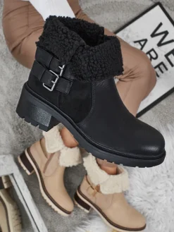 Hot Botki damskie eko skórzane z kożuszkiem Kavira Botki Z Delikatnym Ociepleniem|Botki Na Płaskim Obcasie