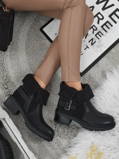 Hot Botki damskie eko skórzane z kożuszkiem Kavira Botki Z Delikatnym Ociepleniem|Botki Na Płaskim Obcasie