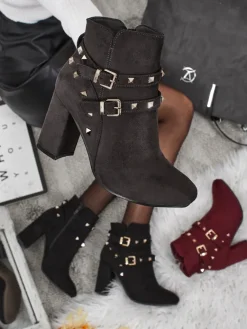 New Botki damskie eko zamszowe z dżetami Selva Botki Z Delikatnym Ociepleniem|Botki Na Słupku