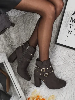 New Botki damskie eko zamszowe z dżetami Selva Botki Z Delikatnym Ociepleniem|Botki Na Słupku