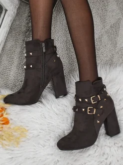 New Botki damskie eko zamszowe z dżetami Selva Botki Z Delikatnym Ociepleniem|Botki Na Słupku