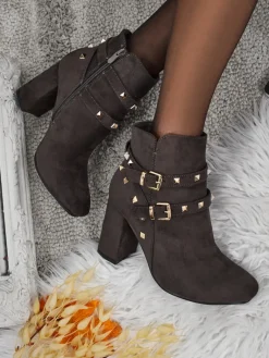 New Botki damskie eko zamszowe z dżetami Selva Botki Z Delikatnym Ociepleniem|Botki Na Słupku