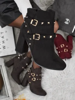 Hot Botki damskie eko zamszowe z dżetami Selva Botki Z Delikatnym Ociepleniem|Botki Na Słupku