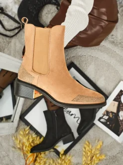 Sale Botki damskie eko zamszowe zdobione cyrkoniami TangleMist Botki Z Delikatnym Ociepleniem|Botki Na Słupku