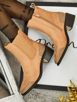 Sale Botki damskie eko zamszowe zdobione cyrkoniami TangleMist Botki Z Delikatnym Ociepleniem|Botki Na Słupku