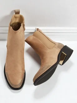 Sale Botki damskie eko zamszowe zdobione cyrkoniami TangleMist Botki Z Delikatnym Ociepleniem|Botki Na Słupku