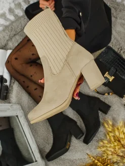 Hot Botki damskie eko zamszowe na słupku ze wstawką a'la skarpeta LumenThorn Botki Z Delikatnym Ociepleniem|Botki Na Słupku