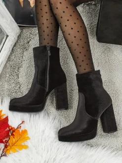 Clearance Botki damskie na słupku al'la Welur Miss Botki Z Delikatnym Ociepleniem|Botki Na Słupku