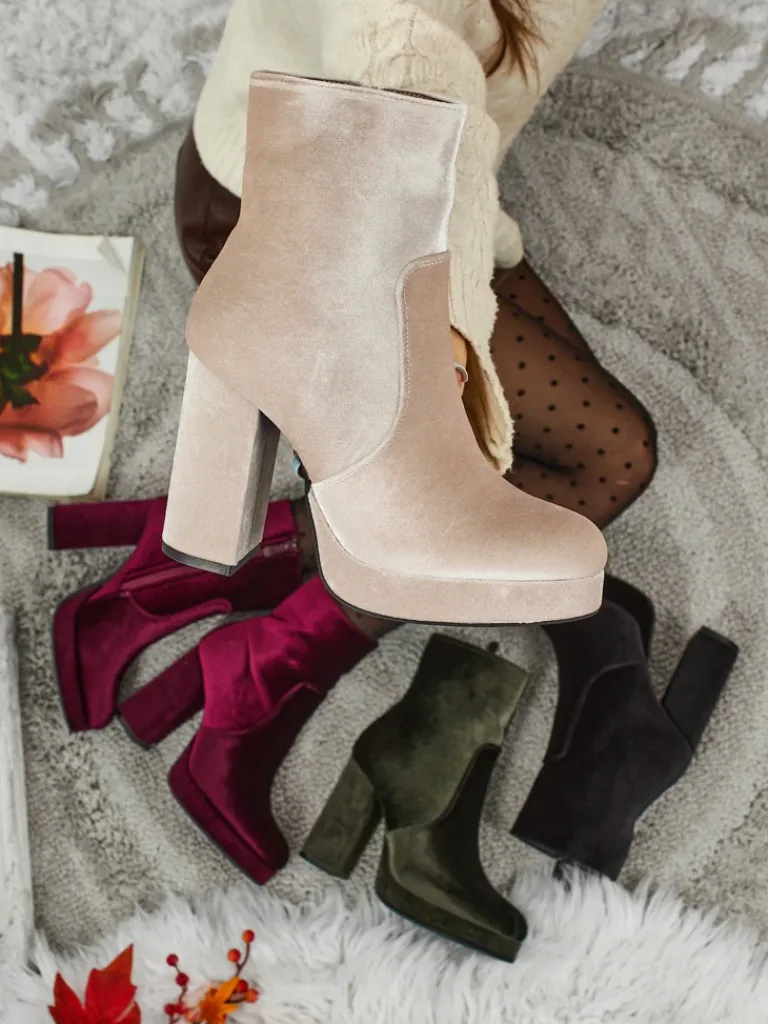 Online Botki damskie na słupku al'la Welur Miss Botki Z Delikatnym Ociepleniem|Botki Na Słupku