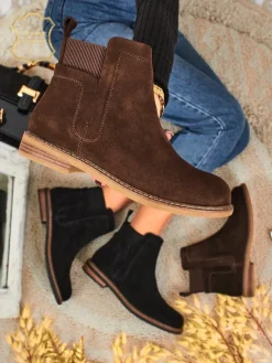 Discount Botki damskie z naturalnego zamszu Cuoio Elegante Botki Na Płaskim Obcasie