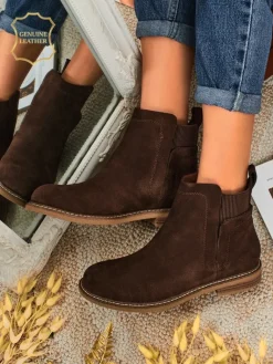 Discount Botki damskie z naturalnego zamszu Cuoio Elegante Botki Na Płaskim Obcasie