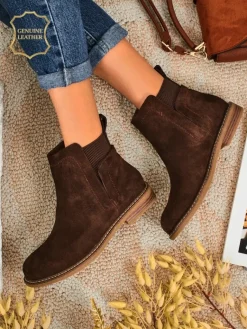 Discount Botki damskie z naturalnego zamszu Cuoio Elegante Botki Na Płaskim Obcasie