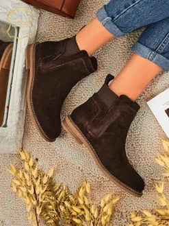 Best Botki damskie z naturalnego zamszu Cuoio Elegante Botki Na Płaskim Obcasie