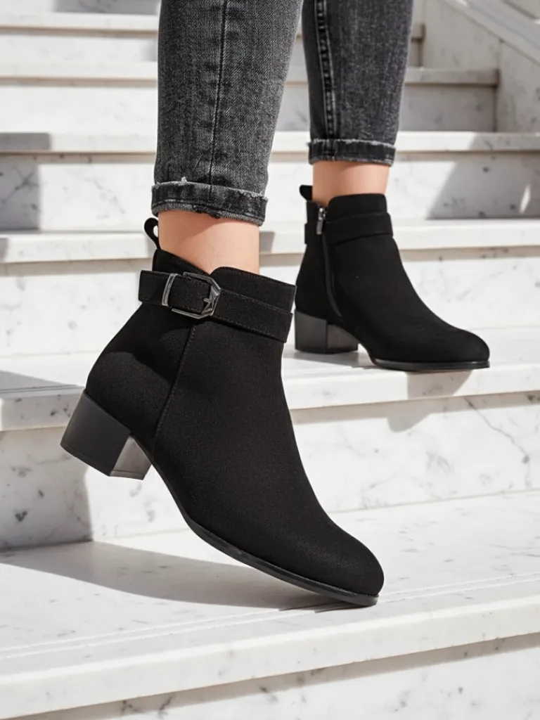 Botki Elegante Nero z Ekoskóry Botki Z Delikatnym Ociepleniem|Botki Na Płaskim Obcasie