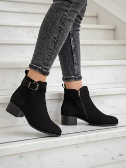 Botki Elegante Nero z Ekoskóry Botki Z Delikatnym Ociepleniem|Botki Na Płaskim Obcasie