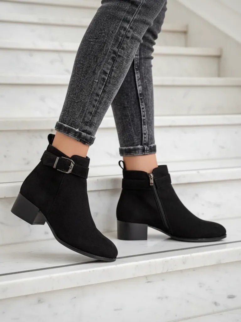 Botki Elegante Nero z Ekoskóry Botki Z Delikatnym Ociepleniem|Botki Na Płaskim Obcasie