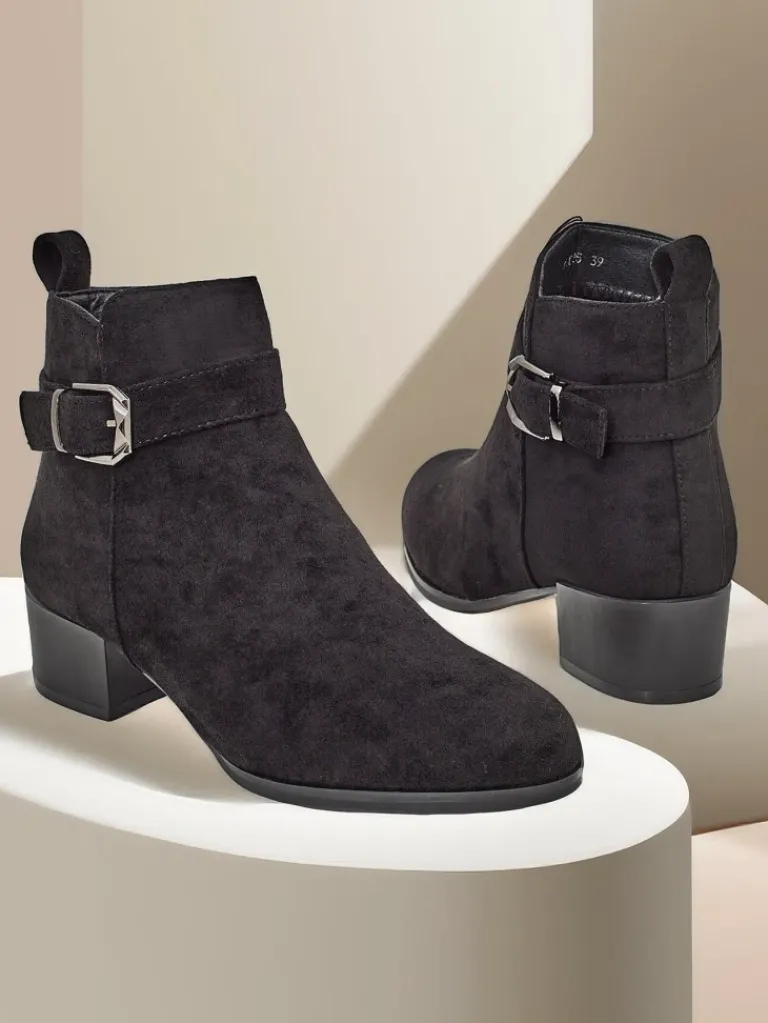 Botki Elegante Nero z Ekoskóry Botki Z Delikatnym Ociepleniem|Botki Na Płaskim Obcasie