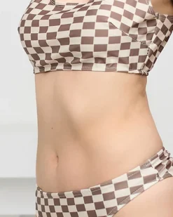 Clearance Brązowo - beżowy damski kostium kąpielowy dwuczęściowy w kratkę - Bielizna Stroje Kąpielowe