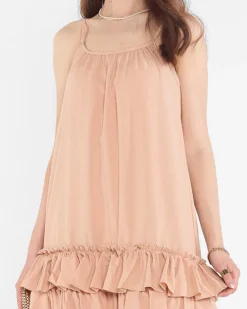 Best Camelowa damska sukienka na ramiączkach z falbankami - Odzież Sukienki Krótkie