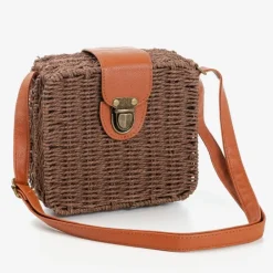 Outlet Ciemnobrązowa słomiana torebka typu kuferek - Torebki Damskie Wiklinowe I Słomiane