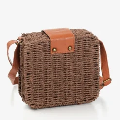 Outlet Ciemnobrązowa słomiana torebka typu kuferek - Torebki Damskie Wiklinowe I Słomiane