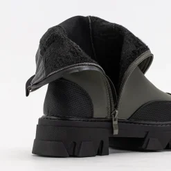 Outlet Ciemnozielone damskie botki na masywnej podeszwie Rosidi - Obuwie Botki Z Delikatnym Ociepleniem|Botki Na Płaskim Obcasie