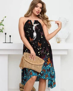 Online Czarna damska letnia sukienka w motylki - Odzież Sukienki Letnie|Sukienki Krótkie