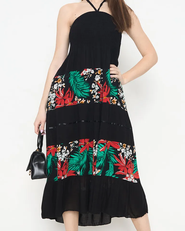 Online Czarna damska sukienka midi w kwiaty PLUS SIZE - Odzież Sukienki Letnie|Sukienki Długie