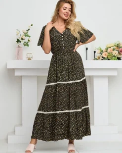 Online Czarna rozkloszowana damska sukienka maxi w kwiaty - Odzież Sukienki Letnie|Sukienki Długie