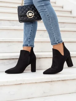 Best Czarne damskie botki na słupku z wycięciem Alania - Obuwie Botki Bez Ocieplenia|Botki Na Słupku