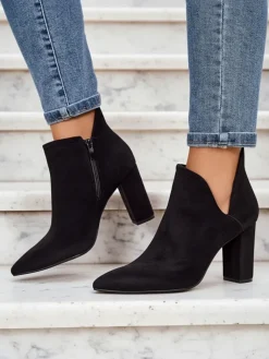 Best Czarne damskie botki na słupku z wycięciem Alania - Obuwie Botki Bez Ocieplenia|Botki Na Słupku