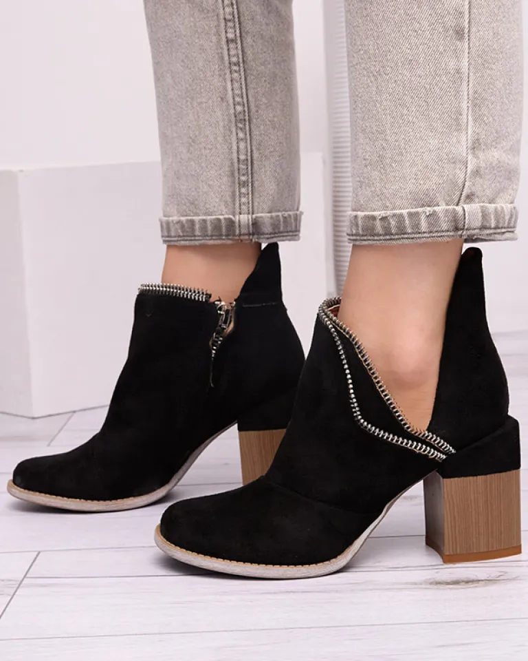 Sale Czarne damskie ocieplane botki na słupku Mukis - Obuwie Botki Bez Ocieplenia|Botki Na Słupku