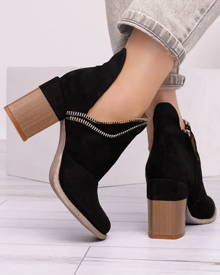 Sale Czarne damskie ocieplane botki na słupku Mukis - Obuwie Botki Bez Ocieplenia|Botki Na Słupku