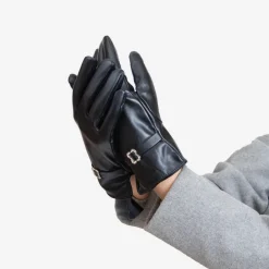 Clearance Czarne klasyczne damskie eko-skórzane rękawiczki z klamerką - Akcesoria Damskie Rękawiczki