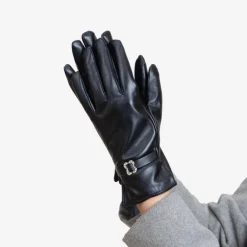 Clearance Czarne klasyczne damskie eko-skórzane rękawiczki z klamerką - Akcesoria Damskie Rękawiczki