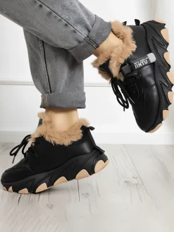 Hot Czarne sportowe sneakersy damskie z futerkiem Nonua- Obuwie Damskie Śniegowce|Ocieplane