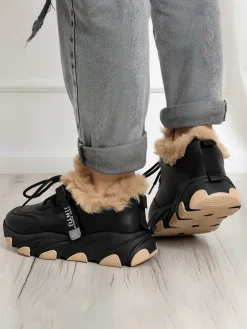 Hot Czarne sportowe sneakersy damskie z futerkiem Nonua- Obuwie Damskie Śniegowce|Ocieplane