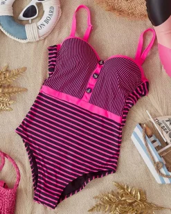 Best Czarny damski jednoczęściowy strój kąpielowy z różowymi paseczkami - Bielizna Stroje Kąpielowe|Plus Size