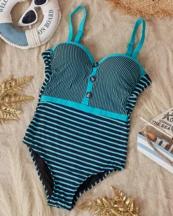 New Czarny damski jednoczęściowy strój kąpielowy w miętowe paseczki - Bielizna Stroje Kąpielowe|Plus Size