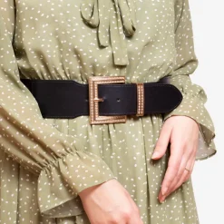 Sale Czarny damski szeroki pasek z dużą złotą klamrą z cyrkoniami - Akcesoria Damskie Paski