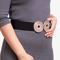 Sale Czarny elastyczny pasek ze złotą klamrą z cyrkonami - Akcesoria Damskie Paski