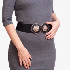 Hot Czarny elastyczny szeroki pasek z ozdobną klamrą - Akcesoria Damskie Paski