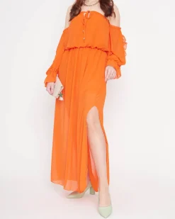 Clearance Damska pomarańczowa sukienka maxi hiszpanka - Odzież Sukienki Letnie|Sukienki Długie