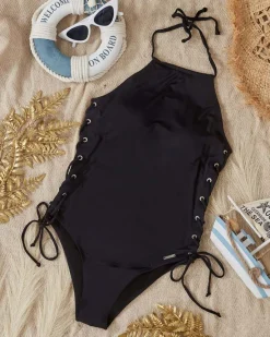 New Damski jednoczęściowy kostium kąpielowy z ozdobnymi bokami w kolorze czarnym- Odzież Stroje Kąpielowe