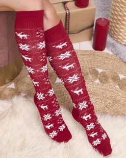 Online Damskie bordowe długie świąteczne skarpety - Bielizna Skarpetki