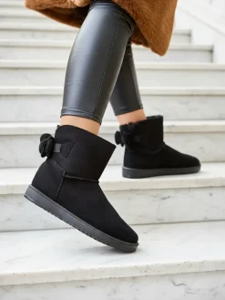 Best Damskie Botki Aurelia w Czarnym Kolorze na Płaskim Obcasie Śniegowce